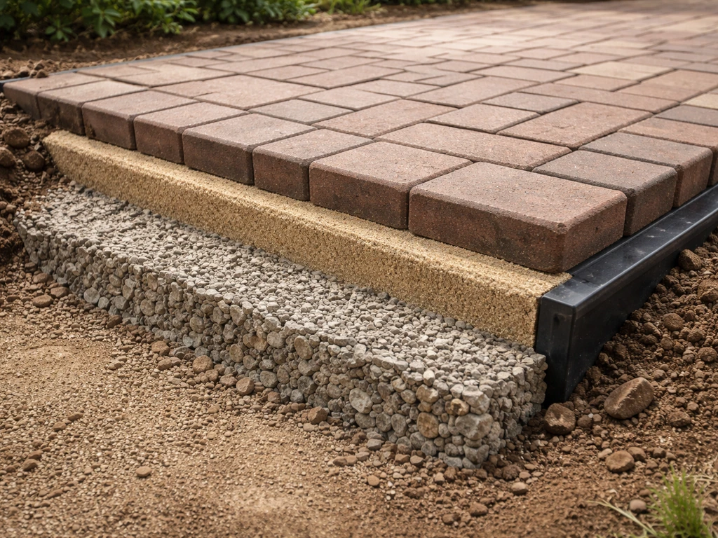 Minimal cross-section cutaway of a brick patio base: compacted gravel, sand bedding, bricks, joint sand, edging and drai