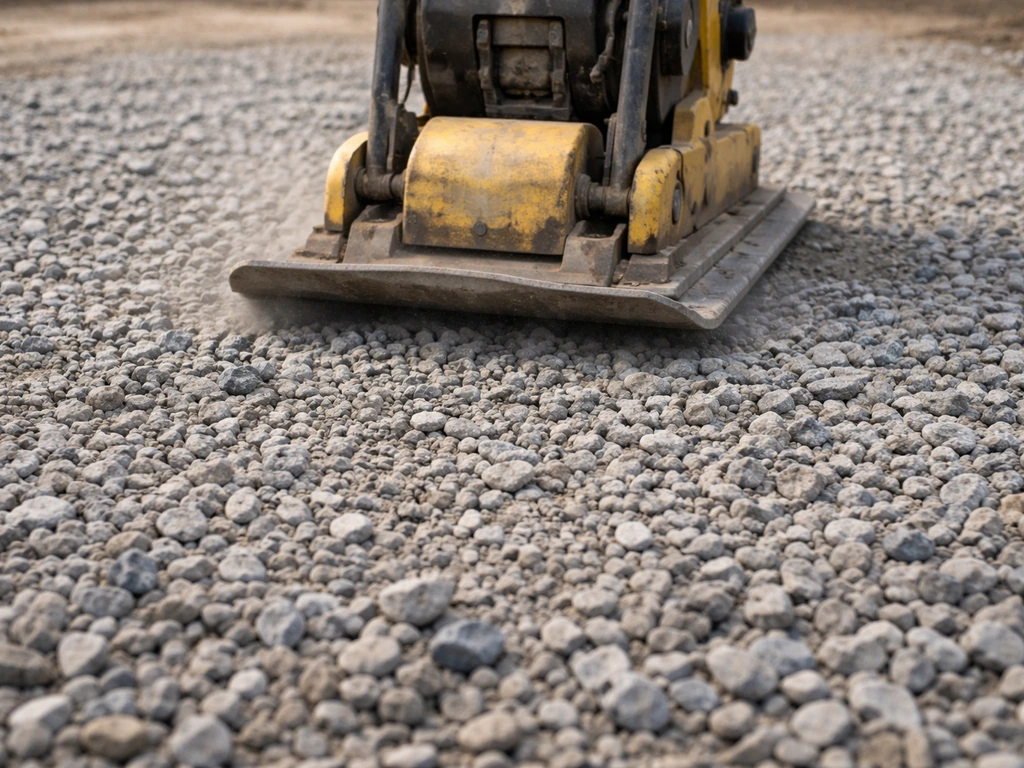 Close-up of a plate compactor pressing 3/4-inch crushed stone on a leveled gravel base