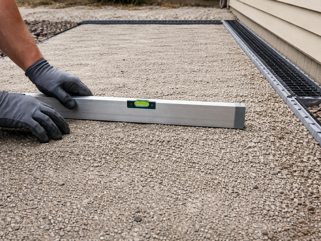 Gloved hands leveling a gently sloped patio base toward a drain away from the house.