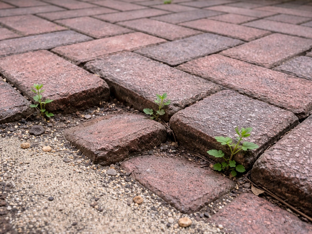 Paved patio with a few sunken bricks and weeds in joint gaps after washout, showing damage before repair.