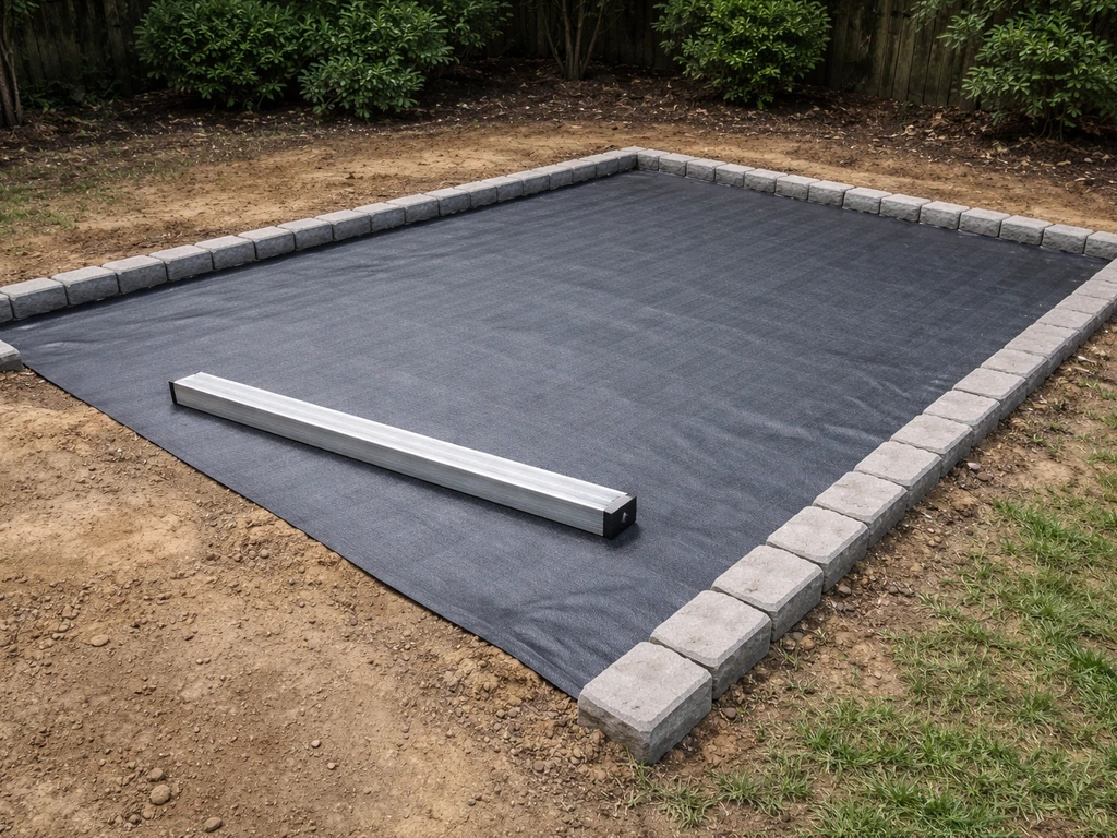 Excavated patio base with geotextile laid, edging installed, and a screed/leveling tool ready.