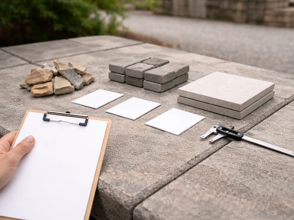Blank clipboard beside three patio-stone sample groups and a small measuring tool in natural light.