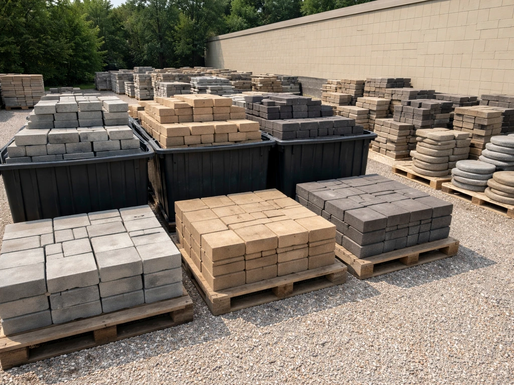 Outdoor masonry supply yard display with stacked pallets of concrete pavers and patio blocks for browsing.