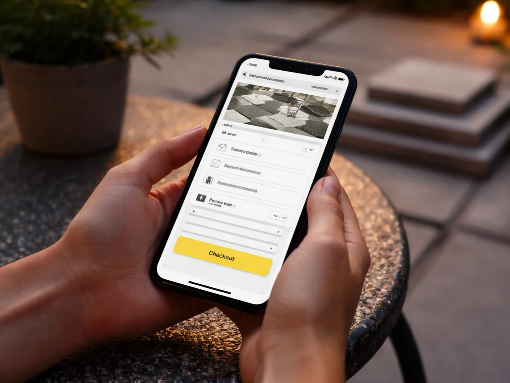 Hands holding a smartphone showing an online paver checkout with delivery options for fast shipping