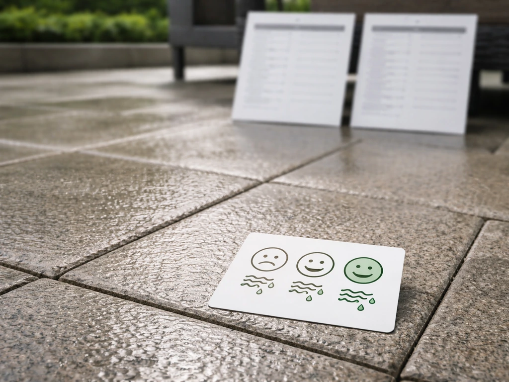 Outdoor paver surface with a wet sheen beside a close-up of blank spec sheets and a slip-safety concept.