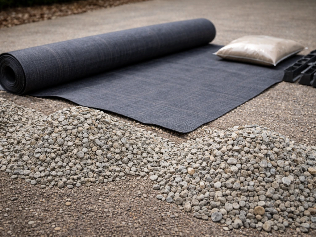 Materials laid out for an ICPI patio: 3/4" crushed gravel, geotextile fabric roll, edging, and jointing sand.