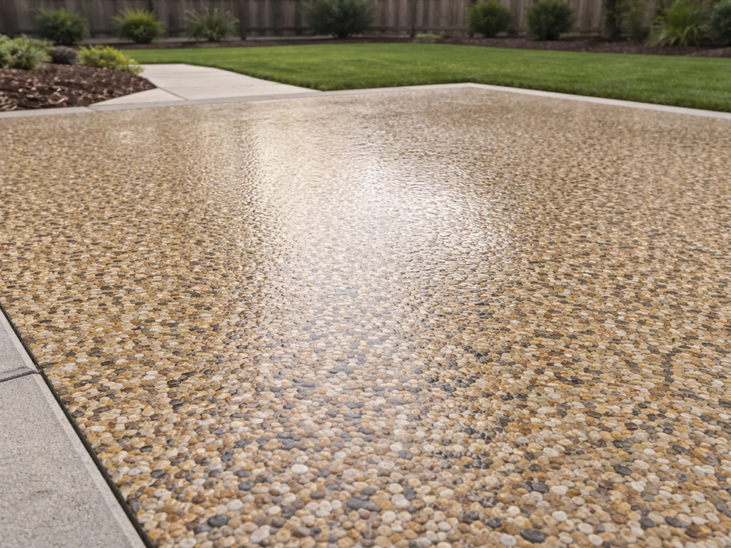 Finished pea gravel epoxy patio with embedded gravel texture and smooth clear UV-stable topcoat on concrete
