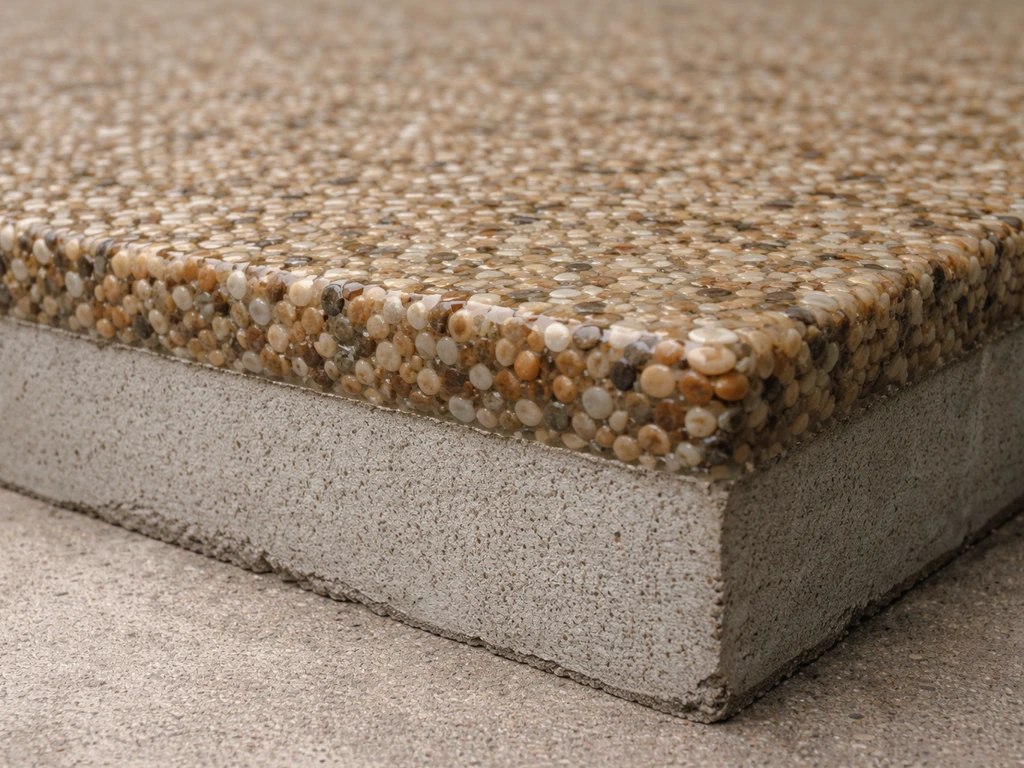 Close-up cross-section of concrete with embedded rounded pea gravel in epoxy resin, not loose gravel.