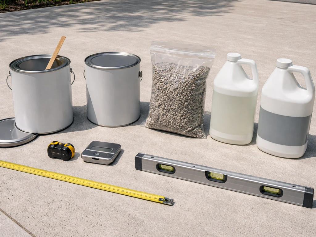 Patio epoxy materials and measurement tools laid out on concrete for cost comparison