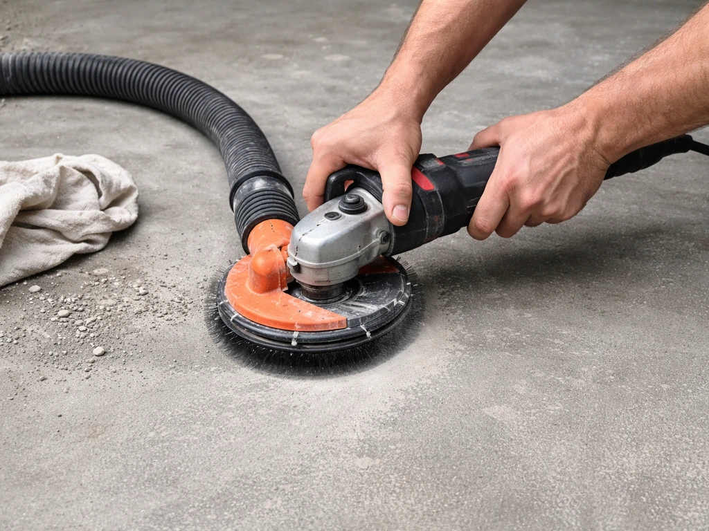 Close-up of hands and tools cleaning and grinding a concrete slab with dust control for epoxy prep.