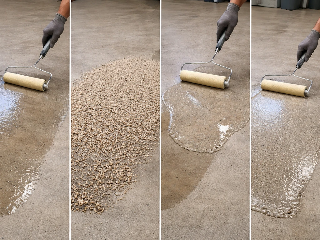 Worker rolling a penetrating epoxy primer on concrete, with visible primer and aggregate layers ready for coating.
