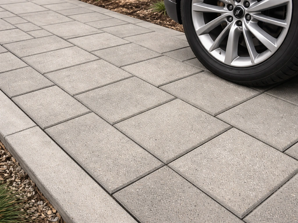 Thick vehicular-grade concrete pavers with a car tire footprint for scale near a driveway edge