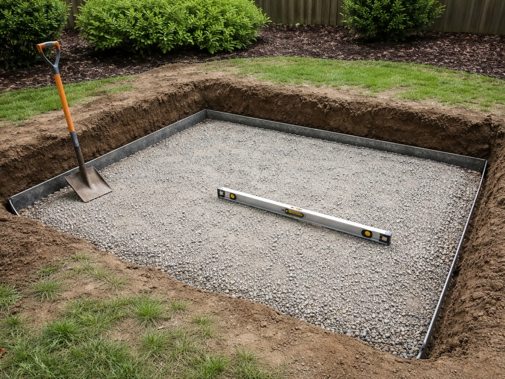 Contractor hand tools beside excavated patio base with compacted gravel and metal edging ready for pavers