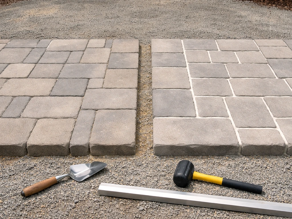 Two adjacent patio sections showing dry-laid pavers on sand vs mortar-set pavers, with tools nearby.