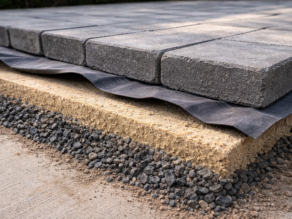Minimal cross-section of patio stone layers: base gravel, bedding sand, geotextile, and patio pavers.