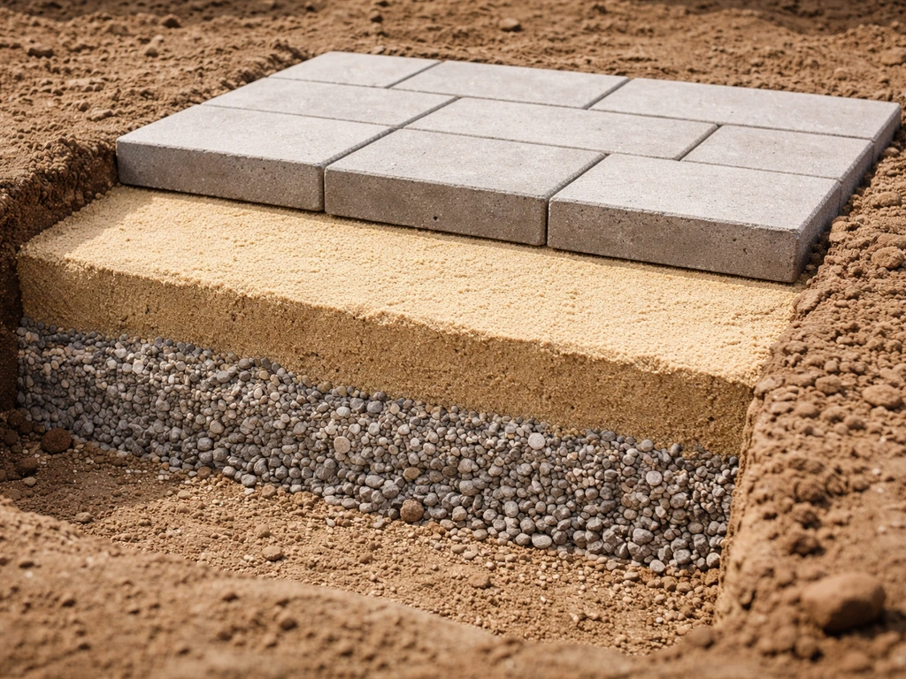 Minimal photo showing a three-layer patio underlay: compacted base, bedding sand, and patio stones.