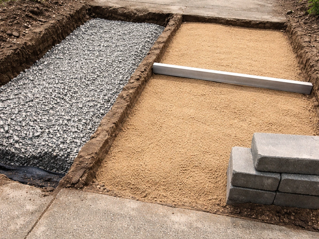 Side-by-side gravel base and bedding sand setup for manufactured concrete paver leveling.