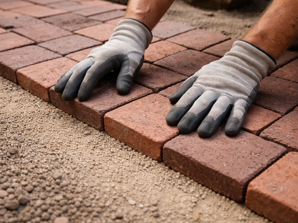 Gloved hands placing thin brick/clay pavers on a compacted base to prevent rocking and cracking.
