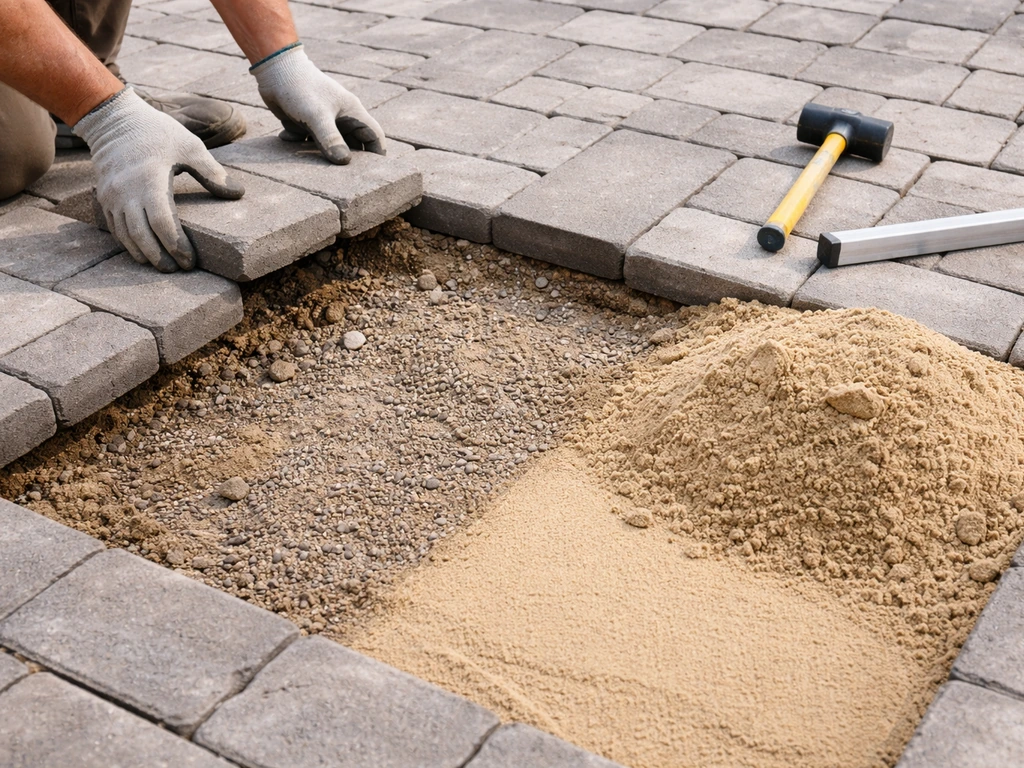 Patio pavers lifted to reveal a loose, poorly compacted base with corrected bedding sand being re-leveled