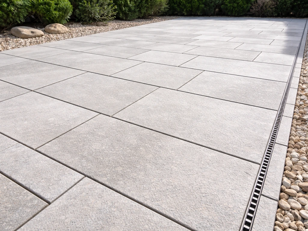 Finished patio with large stone slabs on a leveled base, clean lines and subtle drainage gaps.