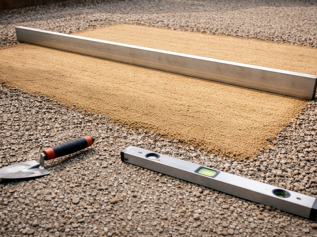 Close-up of screeded sand bedding over compacted crushed-stone base with laying tools nearby