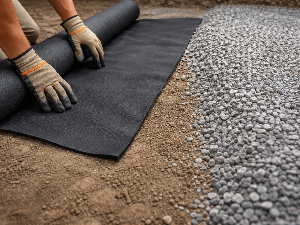 Contractor laying black geotextile on compacted subgrade with a visible 3-inch road base layer for a gravel patio