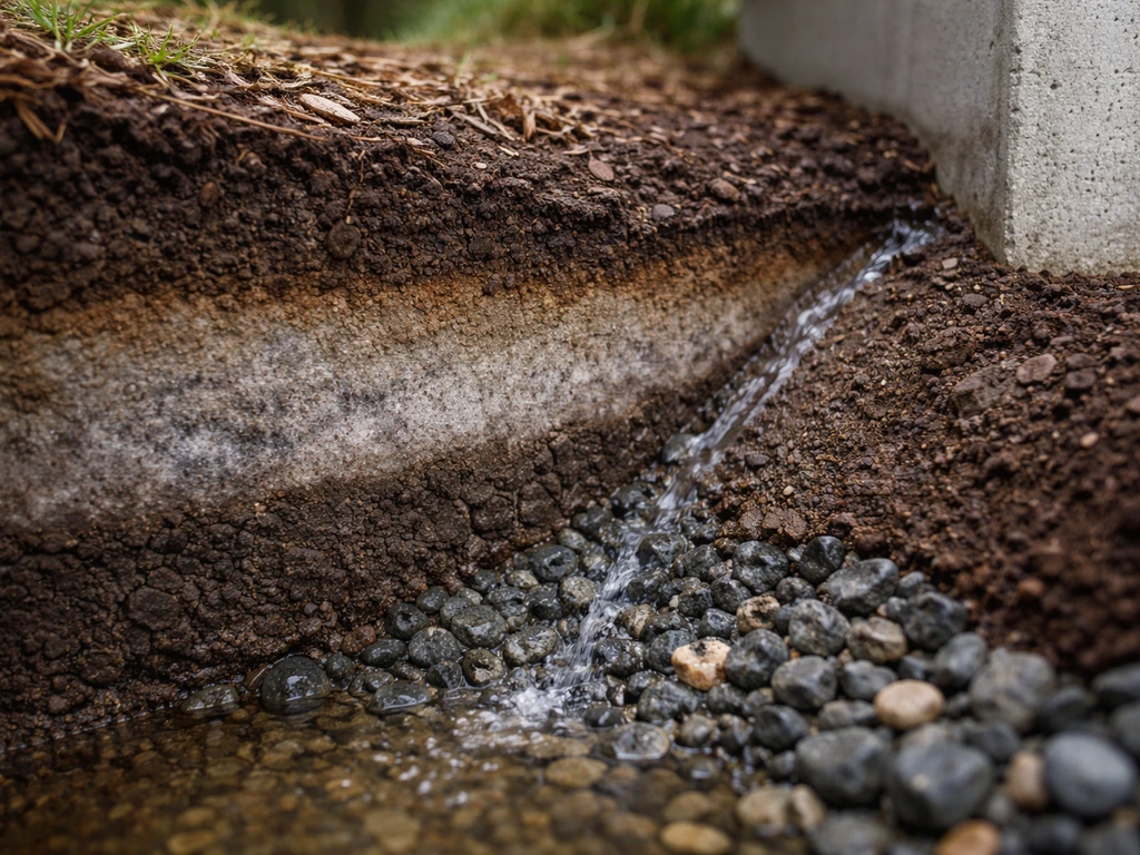 Close-up of a small soil cutaway with graded drainage layers directing water away from concrete.