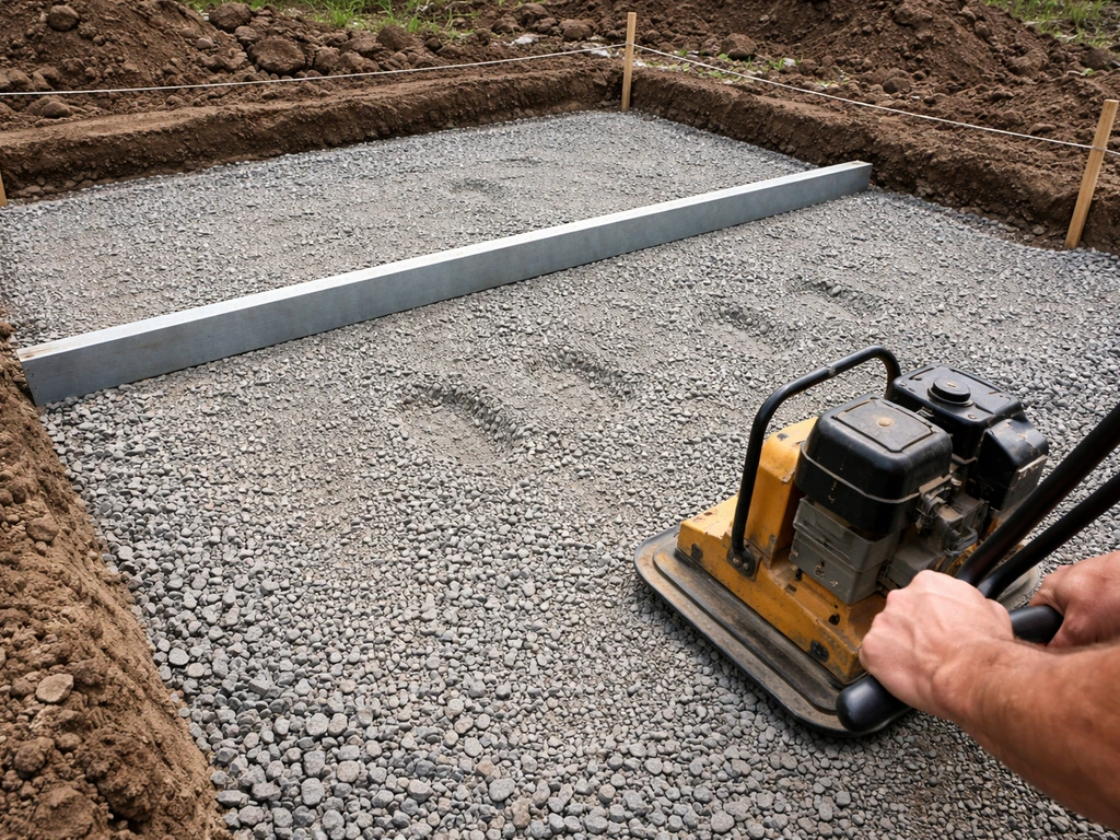 Straightedge leveling over excavated gravel while a plate compactor compacts the patio base.