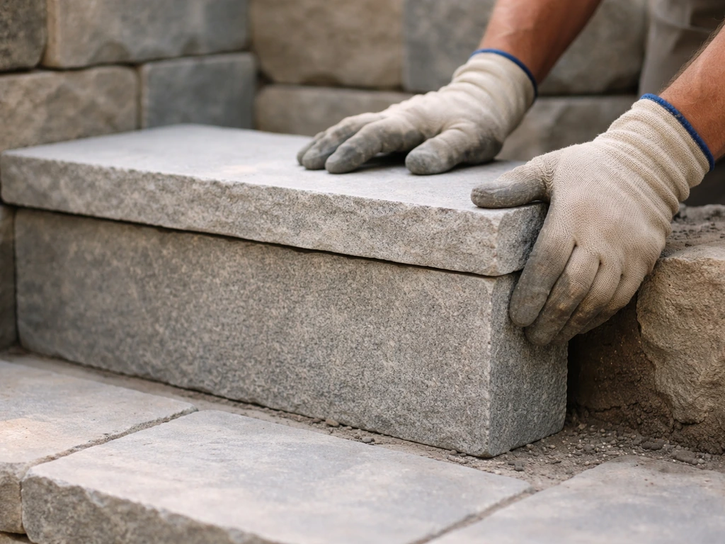 Mason sets a plumb upright riser stone and places a separate tread on top for consistent step height.