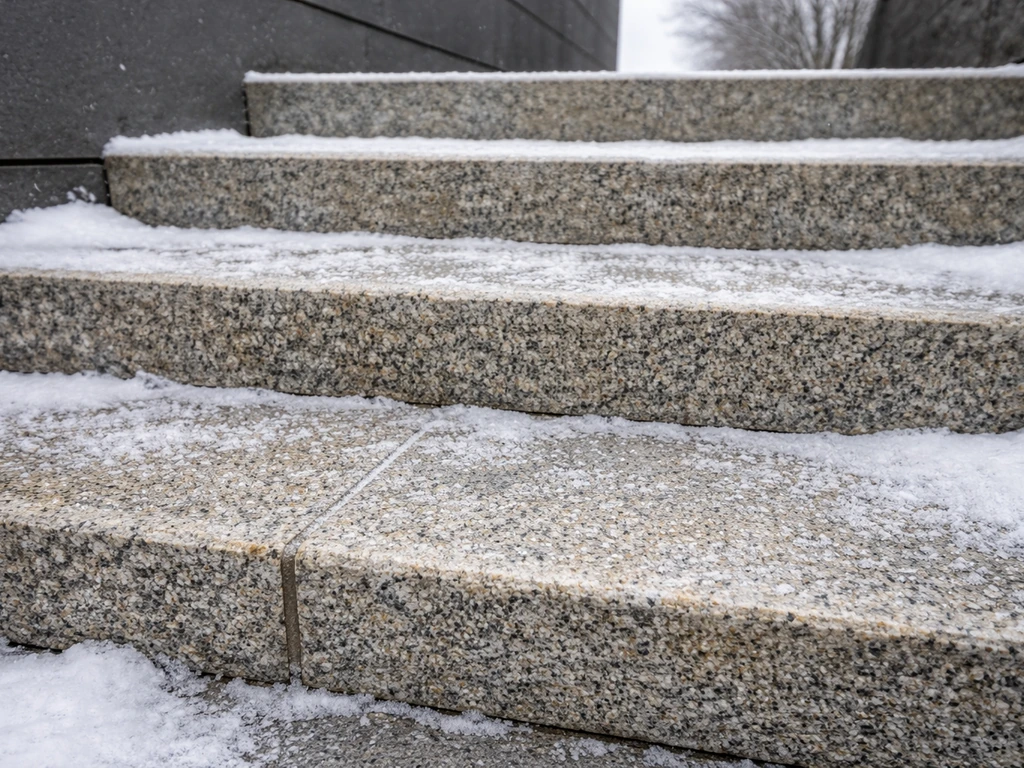 Textured stone steps in winter with a light ice sheen and visible traction grit for safer footing.