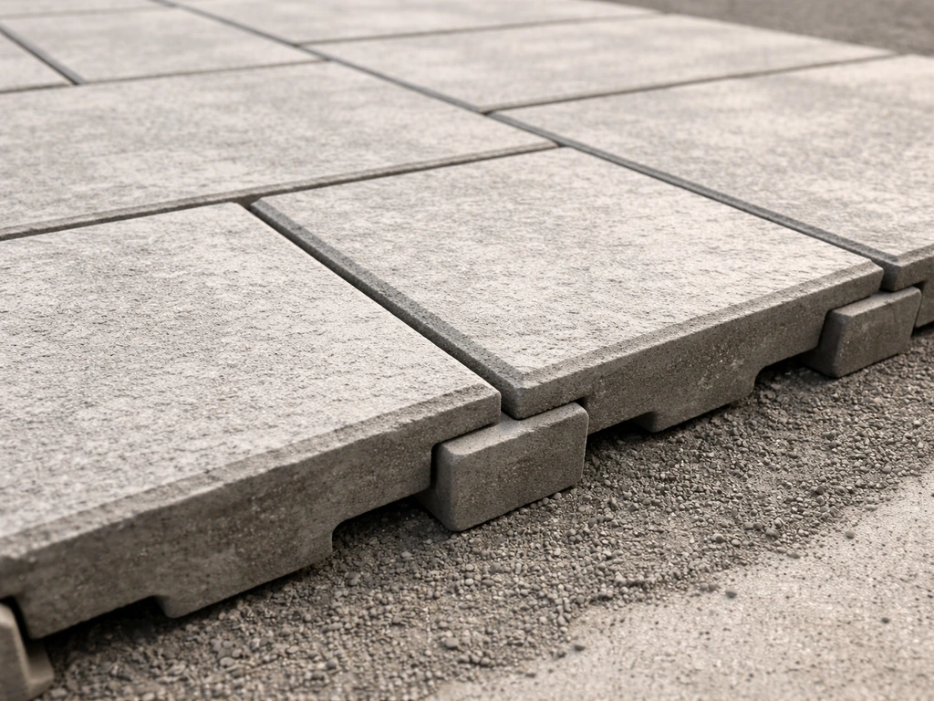 Close-up of interlocking patio tiles with visible locking edges on a prepared base, floating layout, no grout.