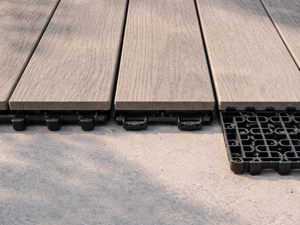 Close-up of interlocking patio tiles showing tab, clip, and locking base grid connections