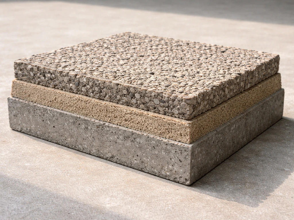 Close-up cross-section sample showing a concrete base, leveling layer, and tile support layers for patio flooring.