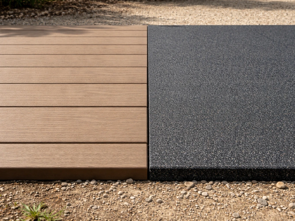 Two outdoor patio flooring sections side by side showing capped composite texture and color vs rubber mat