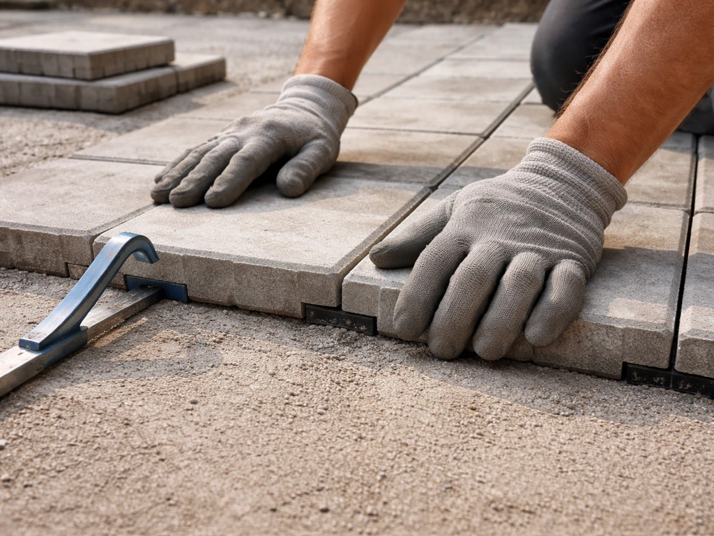 DIY installer using a pry bar to align and interlock patio tiles on a prepared base