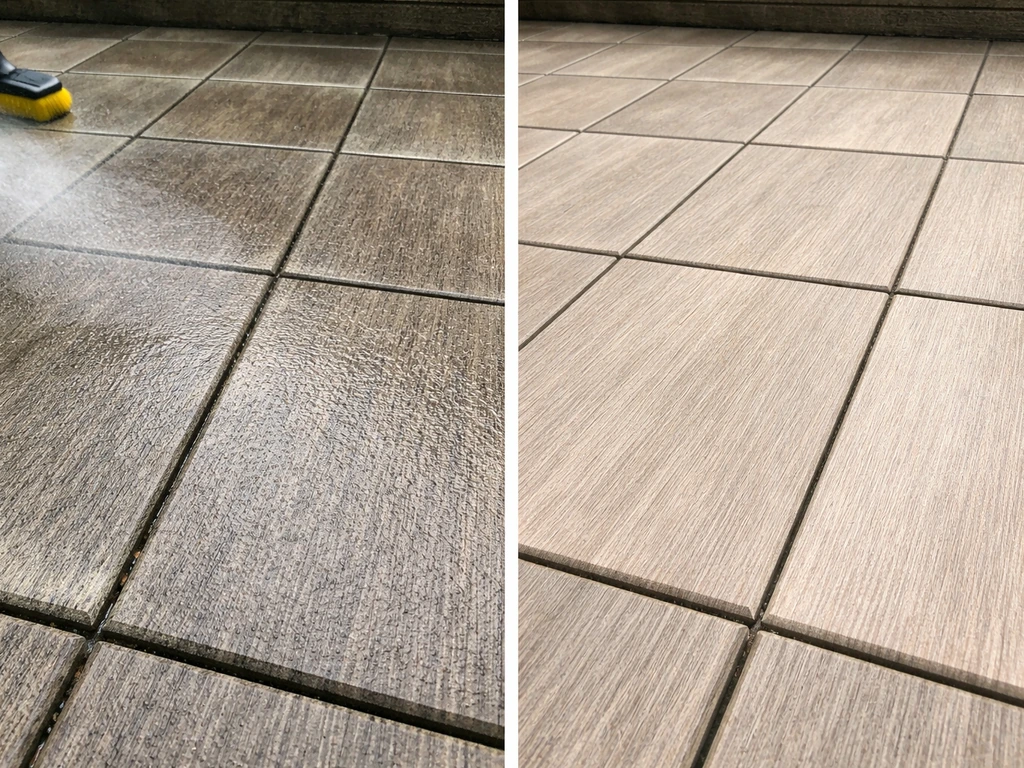 Before-and-after view of composite patio tiles: grime/algae removed after gentle rinse and soft scrubbing.
