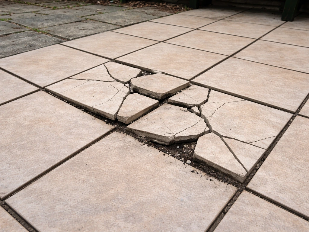 Broken tile patio with several cracked and lifted tiles in a small outdoor area, ready to be repaired