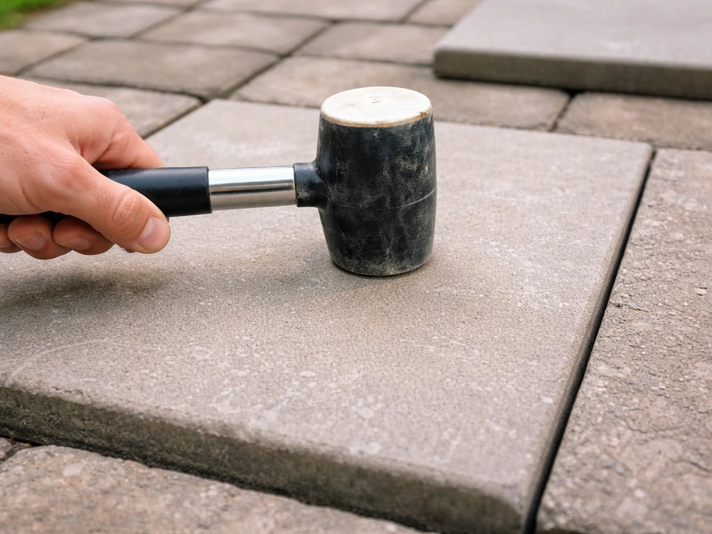 Hand tapping an outdoor concrete patio tile with a rubber mallet to check for hollow sounds