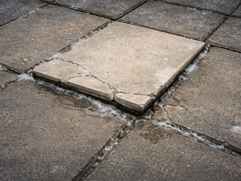 Close-up of a cracked, lifted patio tile with ice in the grout lines indicating freeze-thaw damage.
