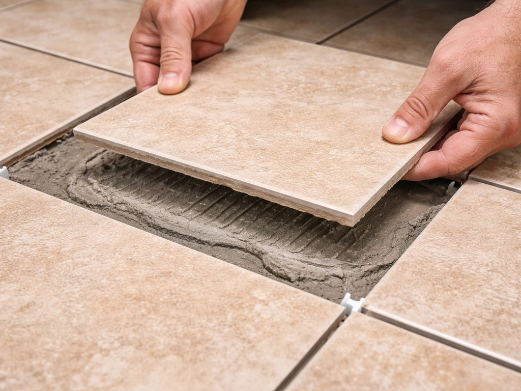 Close-up of an intact tile being set back into a scraped mortar bed with spacers and grout joints.