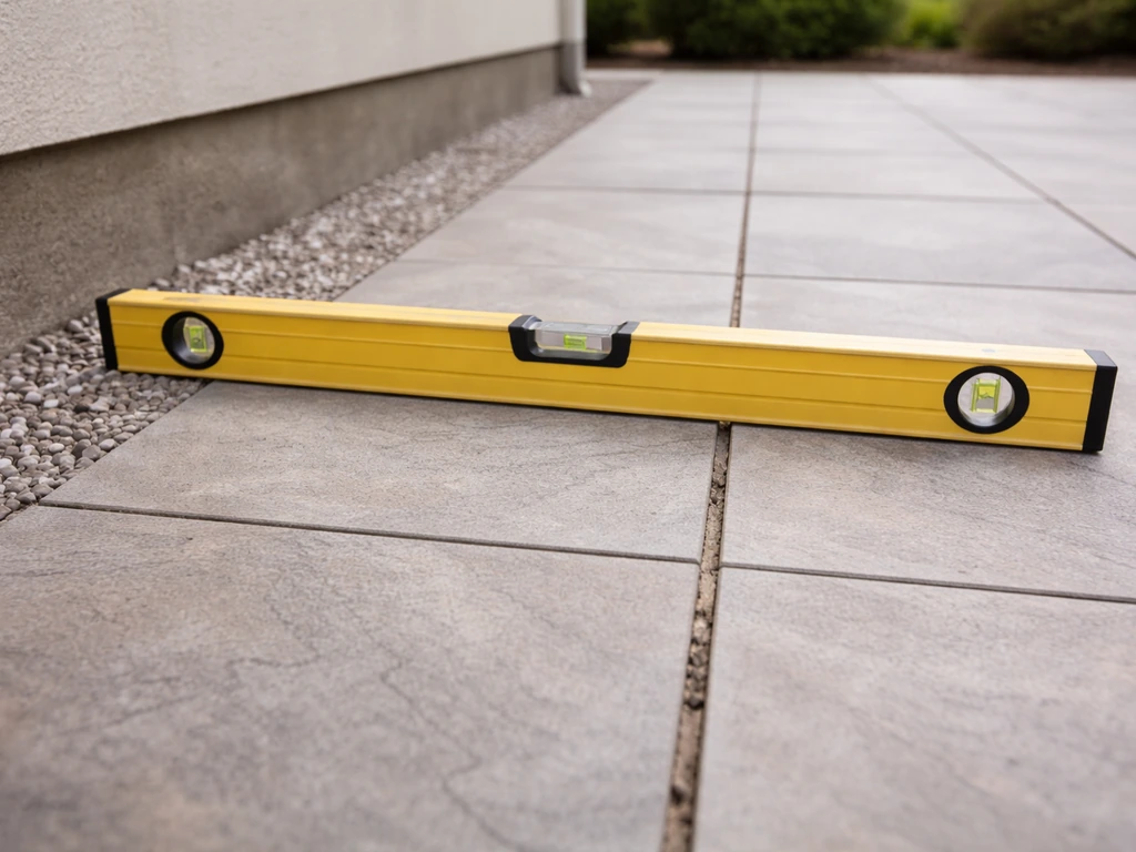 Contractor tools show patio slope toward drainage and an expansion joint line beside the house.