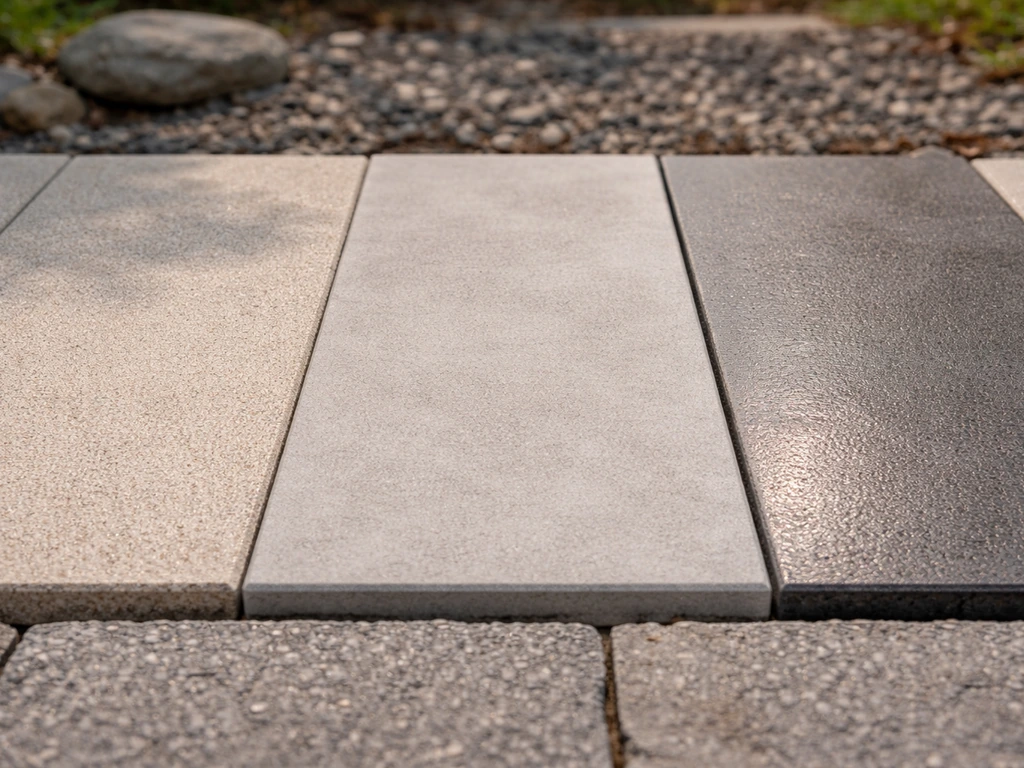 Three small patio surface samples showing textured anti-slip, smooth finish, and a darker heat-retaining tile.