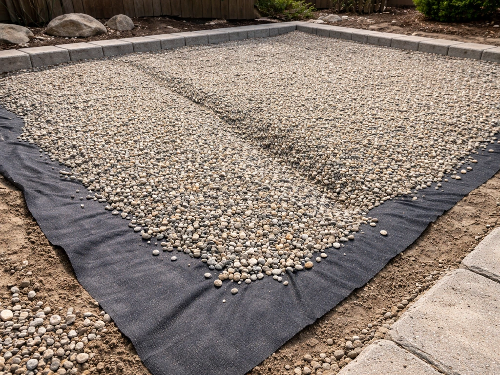 Loose gravel patio base with compacted layers and landscape fabric laid for drainage.