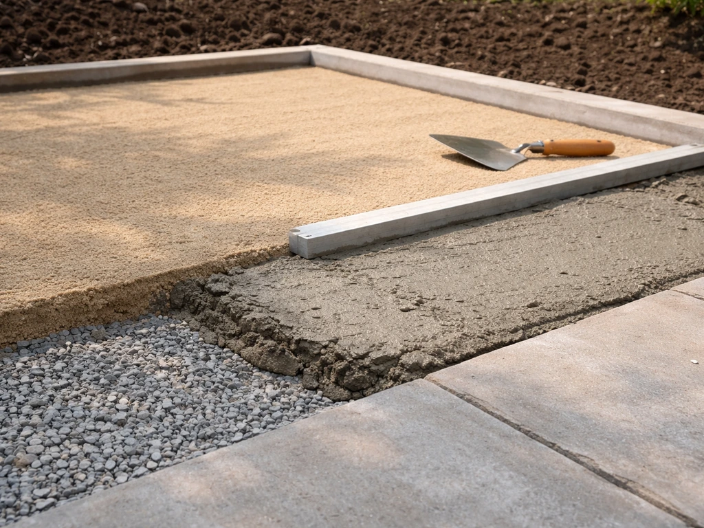 Close-up of prepared patio base layers: compacted gravel, sand bedding, and mortar bed for stone pavers.