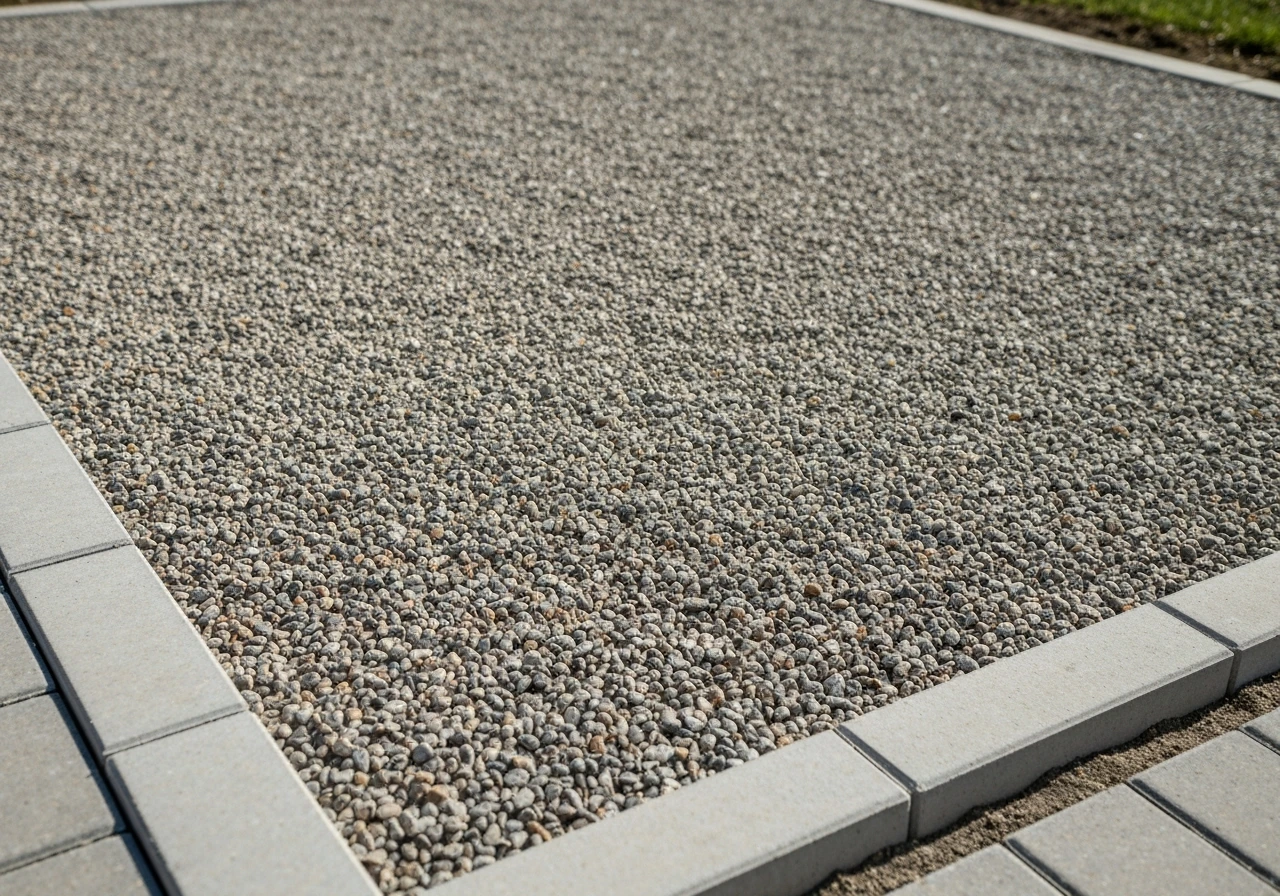 Even, washed pea gravel patio with crisp stone edging and textured, well-draining coverage.