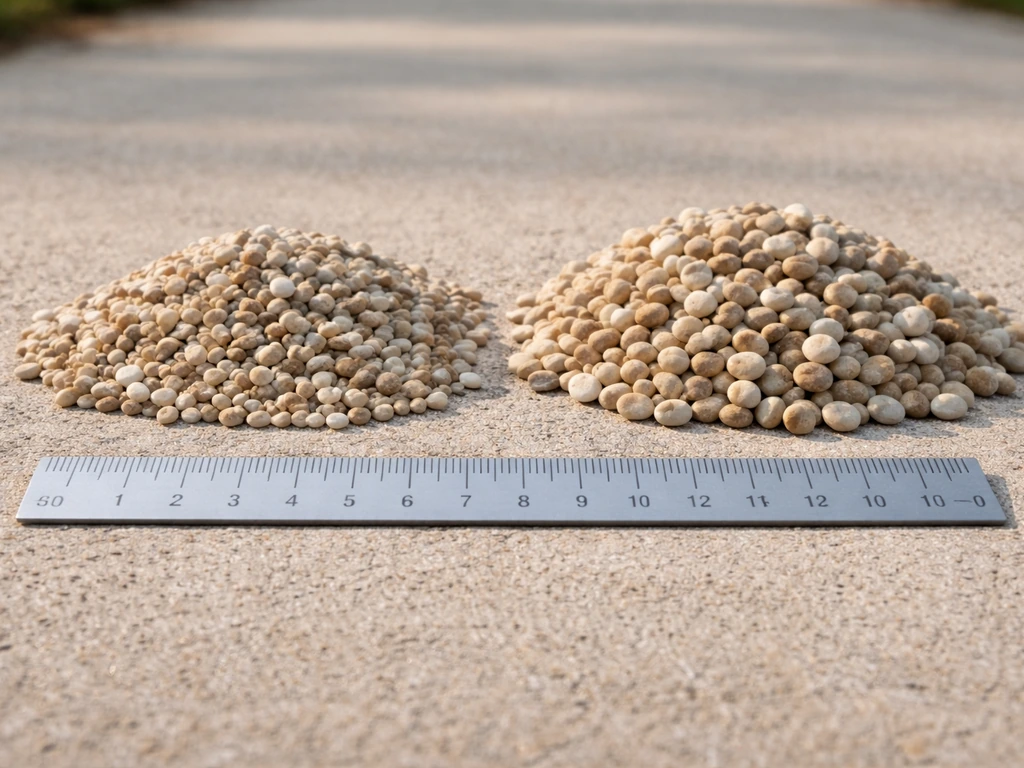 Close-up of pea gravel piles with a ruler showing 1/8–3/8 inch size range