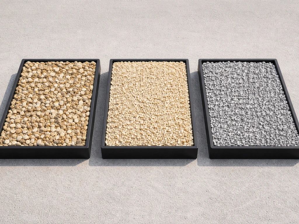 Three small side-by-side samples of patio gravel: natural mixed tones, solid buff, and solid gray.