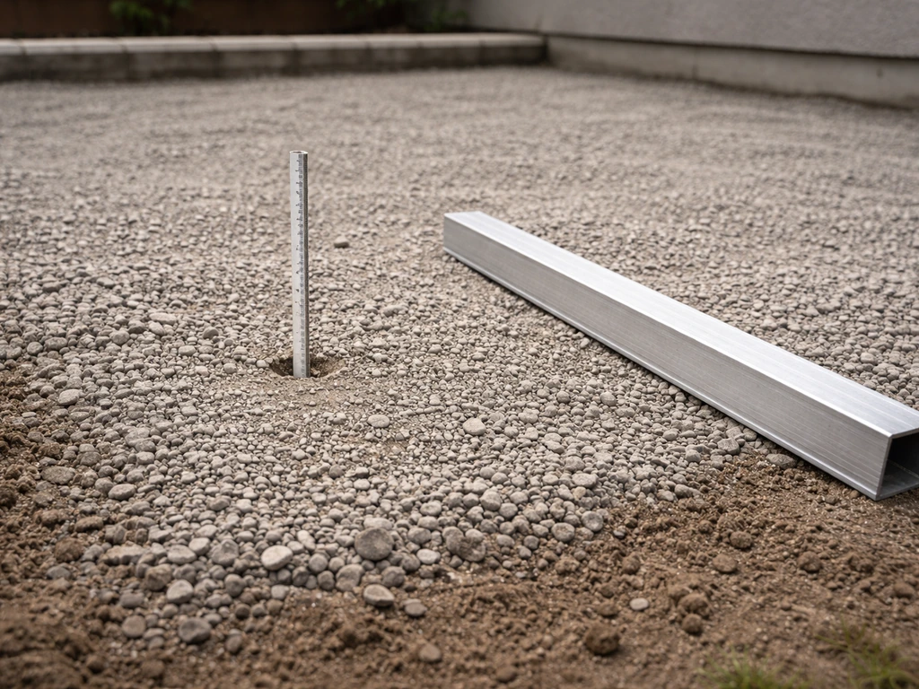 Crushed rock and rock-dust base layer for a pea gravel patio with a small depth gauge for inches.
