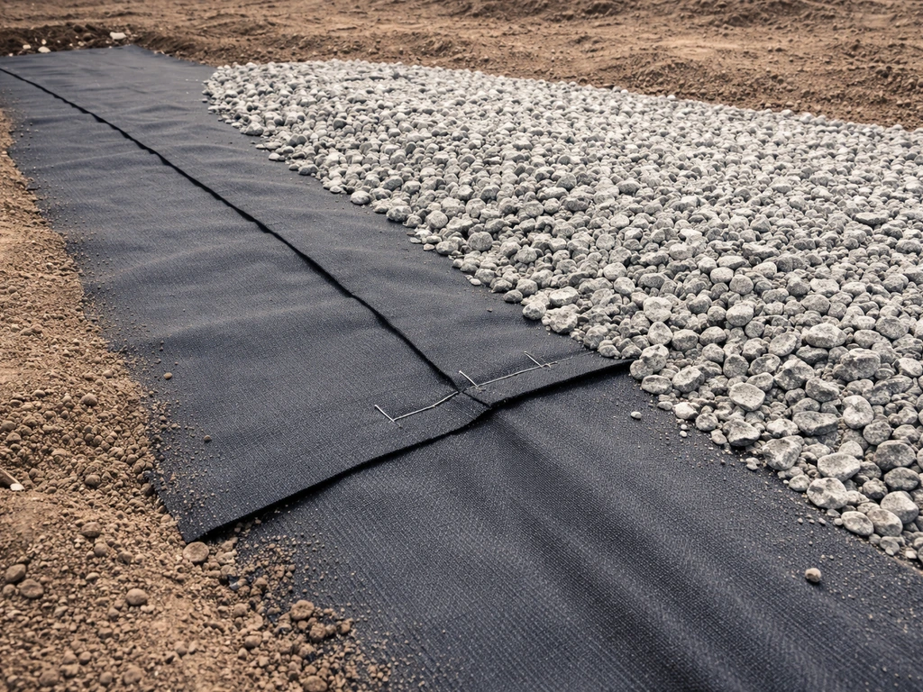 Overlapped landscape fabric secured under 3/4-inch crushed rock in a small prepared area.