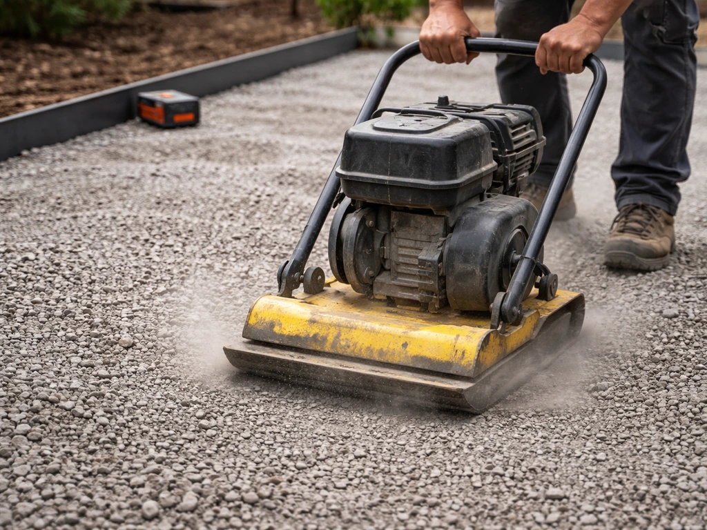 Contractor compacting crushed-rock base with a plate compactor, patio edging in place, slope reference nearby